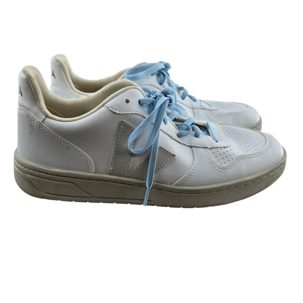 Veja Sneakers Womens 10 V-10 White Leather Natural Light Blue Laces Low Top
